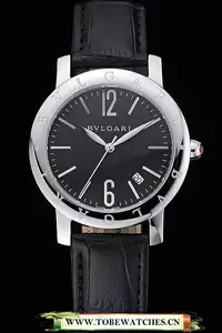 Bvlgari Black Dial Stainless Steel Case Black Leather Bracelet En119211