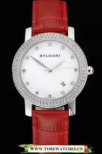 Bvlgari White Dial Diamond Case Red Leather Bracelet En119217