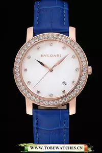 Bvlgari White Dial Diamond Case Blue Leather Bracelet En119218