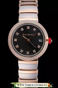 Bvlgari Lvcea Black Dial Diamond Hour Markings Rose Gold Case With Diamonds Two Tone Bracelet En121351