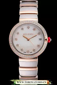 Bvlgari Lvcea White Dial Diamond Hour Markings Rose Gold Case With Diamonds Two Tone Bracelet En121353