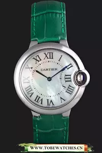 Cartier Ballon Bleu Silver Bezel With Pearl Dial Green Leather Band En59642