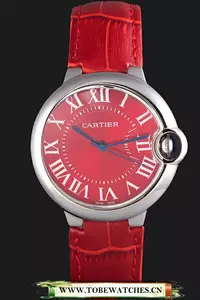 Cartier Ballon Bleu Silver Bezel With Red Dial And Red Leather Band En59646