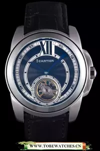 Cartier Calibre Flying Tourbillon Black Dial Stainless Steel Case Black Leather Bracelet En58102