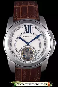 Cartier Calibre Flying Tourbillon White Dial Stainless Steel Case Brown Leather Bracelet En58103