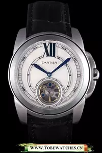 Cartier Calibre Flying Tourbillon White Dial Stainless Steel Case Black Leather Bracelet En58104