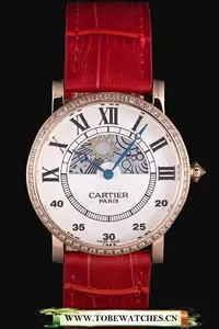 Cartier Moonphase Rose Gold Watch With Red Leather Band En59458