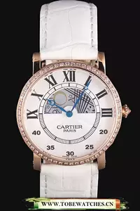 Cartier Moonphase Rose Gold Watch With White Leather Band En59459
