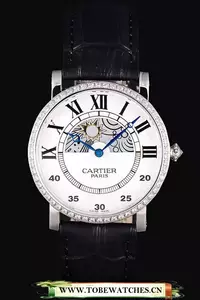 Cartier Moonphase Silver Watch With Black Leather Band En59460