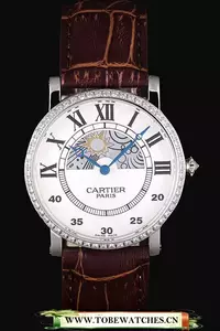 Cartier Moonphase Silver Watch With Brown Leather Band En59461