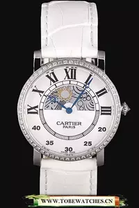 Cartier Moonphase Silver Watch With White Leather Band En59462