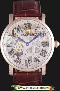 Cartier Luxury Skeleton Watch With Rose Gold Bezel And Brown Leather Band En59647