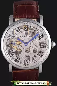 Cartier Luxury Skeleton Watch With Silver Bezel And Brown Leather Band En59648