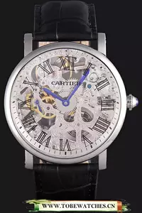 Cartier Luxury Skeleton Watch With Silver Bezel And Black Leather Band En59649