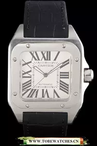 Cartier Santos Stainless Steel Bezel With Black Leather Strap En59617