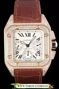 Cartier Santos Rose Gold Bezel With Diamonds And Brown Leather Strap En59620