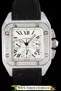 Cartier Santos Silver Bezel With Diamonds And Black Leather Strap En59621