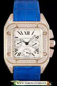 Cartier Santos Rose Gold Bezel With Diamonds And Blue Leather Strap En59622