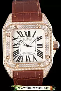 Cartier Santos Rose Gold Bezel With Diamonds And Brown Leather Strap En59623
