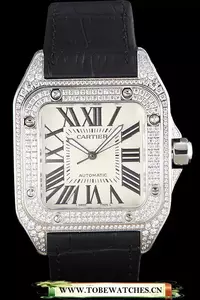 Cartier Santos Silver Bezel With Diamonds And Black Leather Strap En59624
