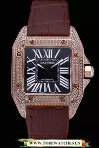 Cartier Santos Black Dial Diamonds Case Brown Leather Bracelet En60439
