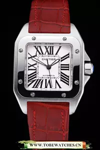 Cartier Santos White Dial Stainless Steel Case Red Leather Bracelet En60440