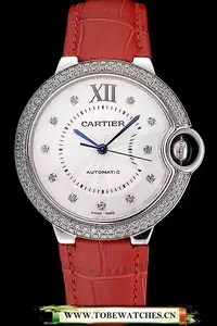 Ballon Blue De Cartier Diamond Steel Case Diamond Dial Red Leather Bracelet En60534