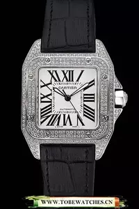 Cartier Santos Dumont Diamond Case White Dial Roman Numerals Black Leather Bracelet En60536