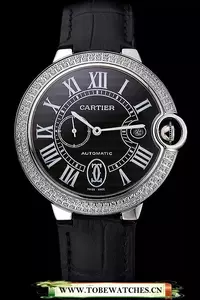 Cartier Ballon Bleu Diamond Case Black Dial Black Leather Bracelet En60603
