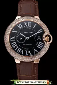 Cartier Ballon Bleu Diamond Case Black Dial Brown Leather Bracelet En60605