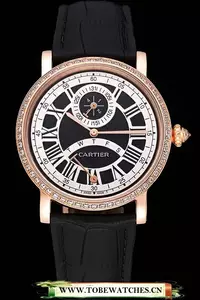 Cartier Rotonde Black And White Dial Gold Case With Jewels Black Leather Strap En120730