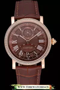 Cartier Rotonde Brown Dial Gold Case With Jewels Brown Leather Strap En120732