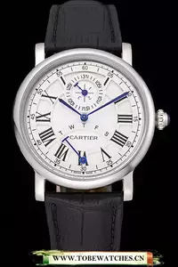 Cartier Rotonde White Dial Stainless Steel Case Black Leather Strap En120735