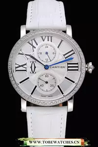 Cartier Ronde Second Time Zone White Dial Stainless Steel Case With Diamonds White Leather Strap En120946