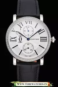 Cartier Ronde Second Time Zone White Dial Stainless Steel Case With Diamonds Black Leather Strap En120947