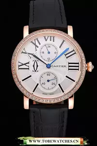 Cartier Ronde Second Time Zone White Dial Gold Case With Diamonds Black Leather Strap En120952