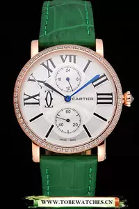 Cartier Ronde Second Time Zone White Dial Gold Case With Diamonds Green Leather Strap En120955