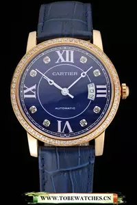 Cartier Ronde Solo Blue Dial Gold Diamond Case Blue Leather Strap En121247