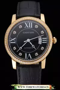 Cartier Ronde Solo Black Dial Gold Diamond Case Black Leather Strap En121248