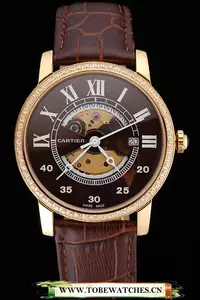 Cartier Rotonde Small Complication Brown Dial Gold Diamond Case Brown Leather Strap En121251