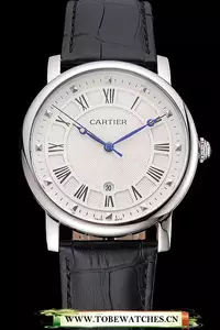 Cartier Rotonde Date White Dial Stainless Steel Case Black Leather Strap En121355