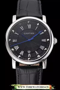 Cartier Rotonde Date Black Dial Stainless Steel Case Black Leather Strap En121356
