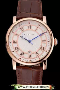 Cartier Rotonde Date White Dial Rose Gold Case Brown Leather Strap En121357