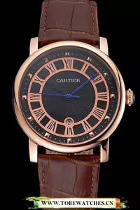 Cartier Rotonde Date Black Dial Rose Gold Case Brown Leather Strap En121358