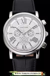 Cartier Rotonde Chronograph White Dial Stainless Steel Case Black Leather Strap En121359