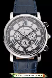 Cartier Rotonde Chronograph Black And White Dial Stainless Steel Case Blue Leather Strap En121360