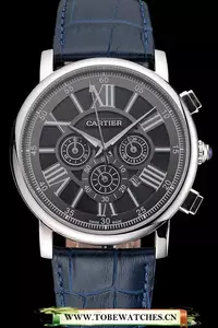 Cartier Rotonde Chronograph Black Dial Stainless Steel Case Blue Leather Strap En121361