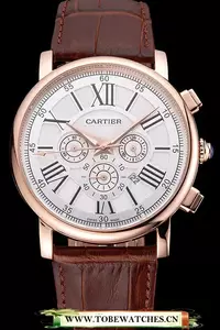 Cartier Rotonde Chronograph White Dial Rose Gold Case Brown Leather Strap En121362