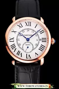 Cartier Ronde Louis Cartier White Dial Gold Case Black Leather Strap En121525