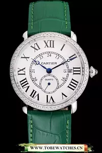 Cartier Ronde Louis Cartier White Dial Stainless Steel Case Diamond Bezel Green Leather Strap En121529
